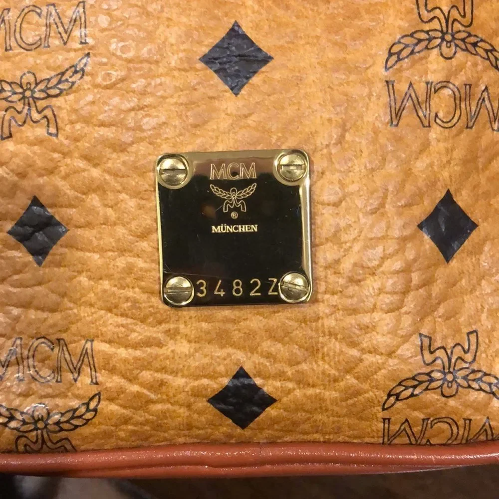 MCM Visetos Cognac Monogram Camera Messenger Bag Leather Lined Mirror EUC RARE